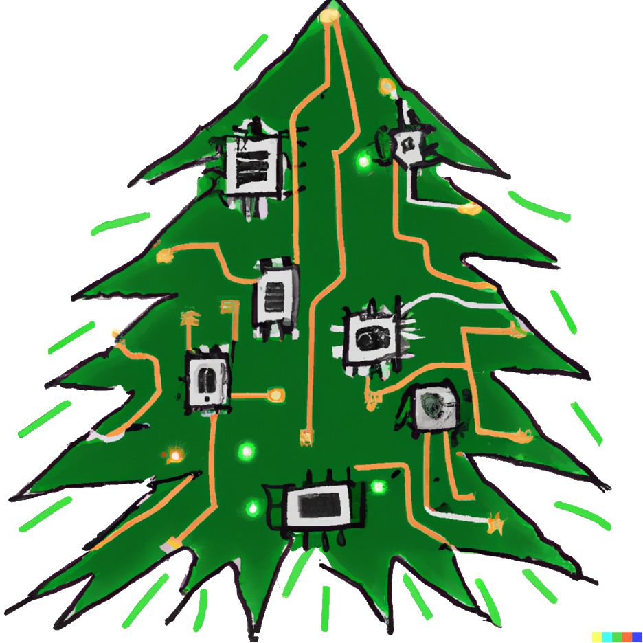 Dieses Bild wurde gemäss folgender Beschreibung: «A drawn christmas tree decorated with a processor and LED lights» von DALL-E, einer Künstlichen Intelligenz gezeichnet.